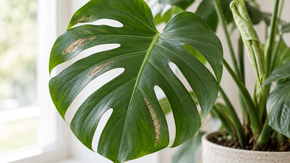 Attached monstera leaf with several elongated dull scars.
