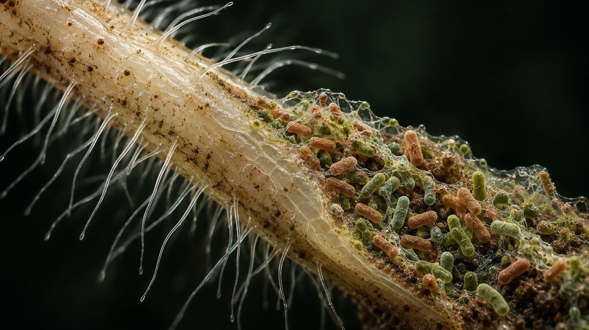 Conceptual magnification of beneficial bacteria on a plant root