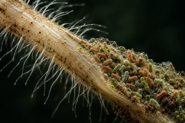 Conceptual magnification of beneficial bacteria on a plant root