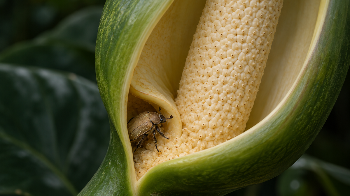 Scarab beetle at the entrance of a philodendron floral chamber