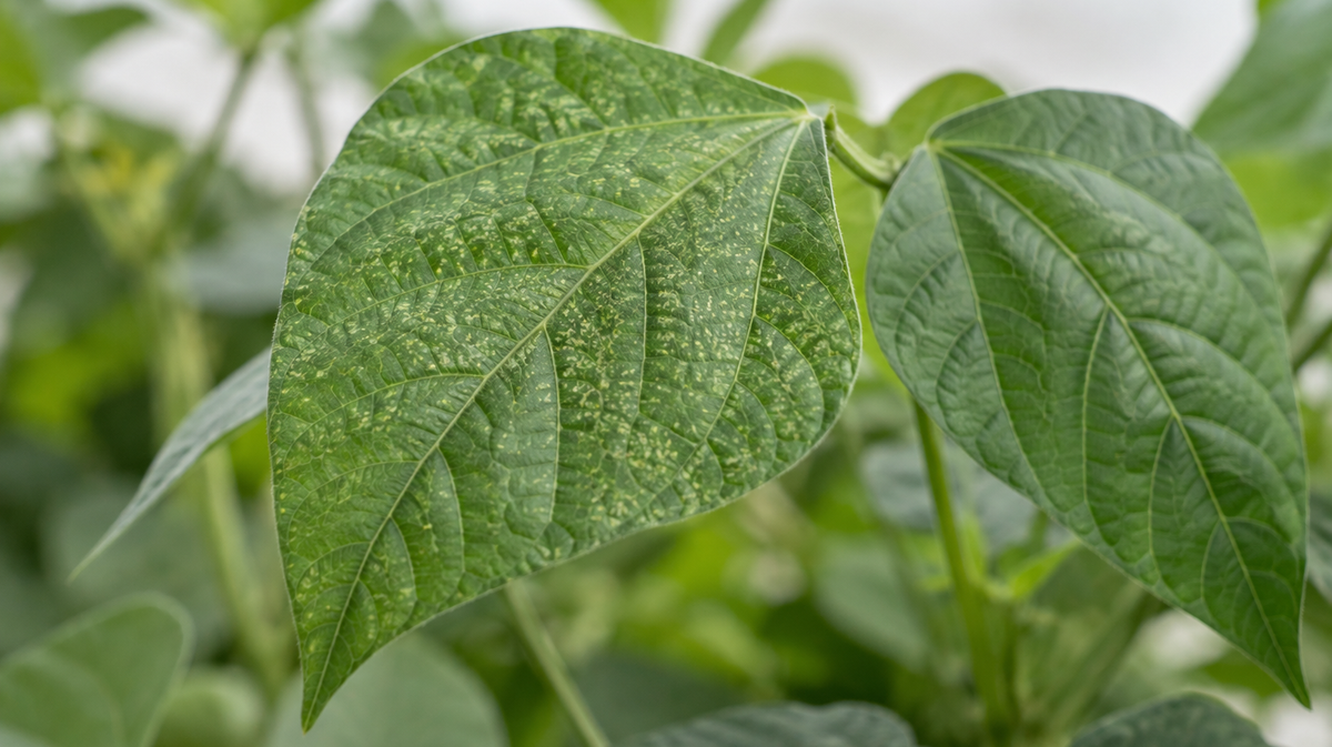 Adjacent bean leaves with pale stippling on one leaf and green tissue on the other.