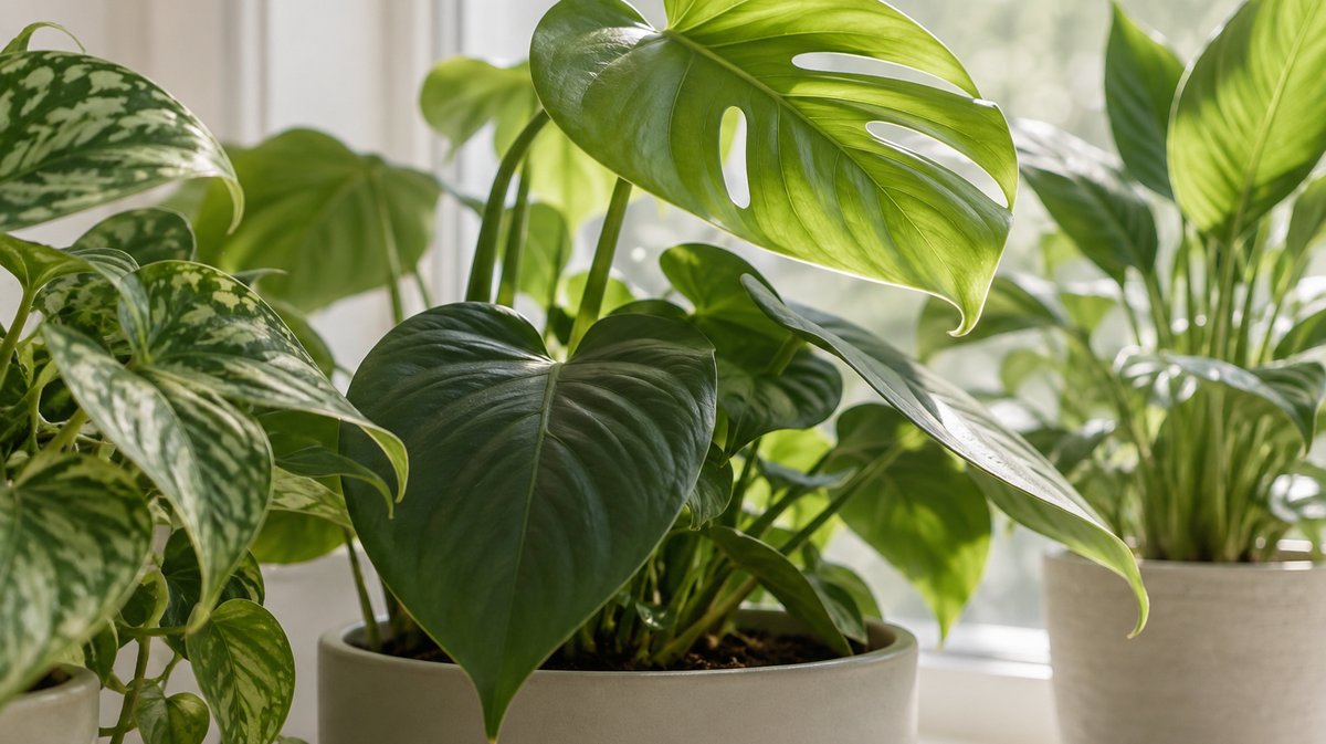 Overlapping houseplant leaves with sheltered foliage beneath the upper canopy.
