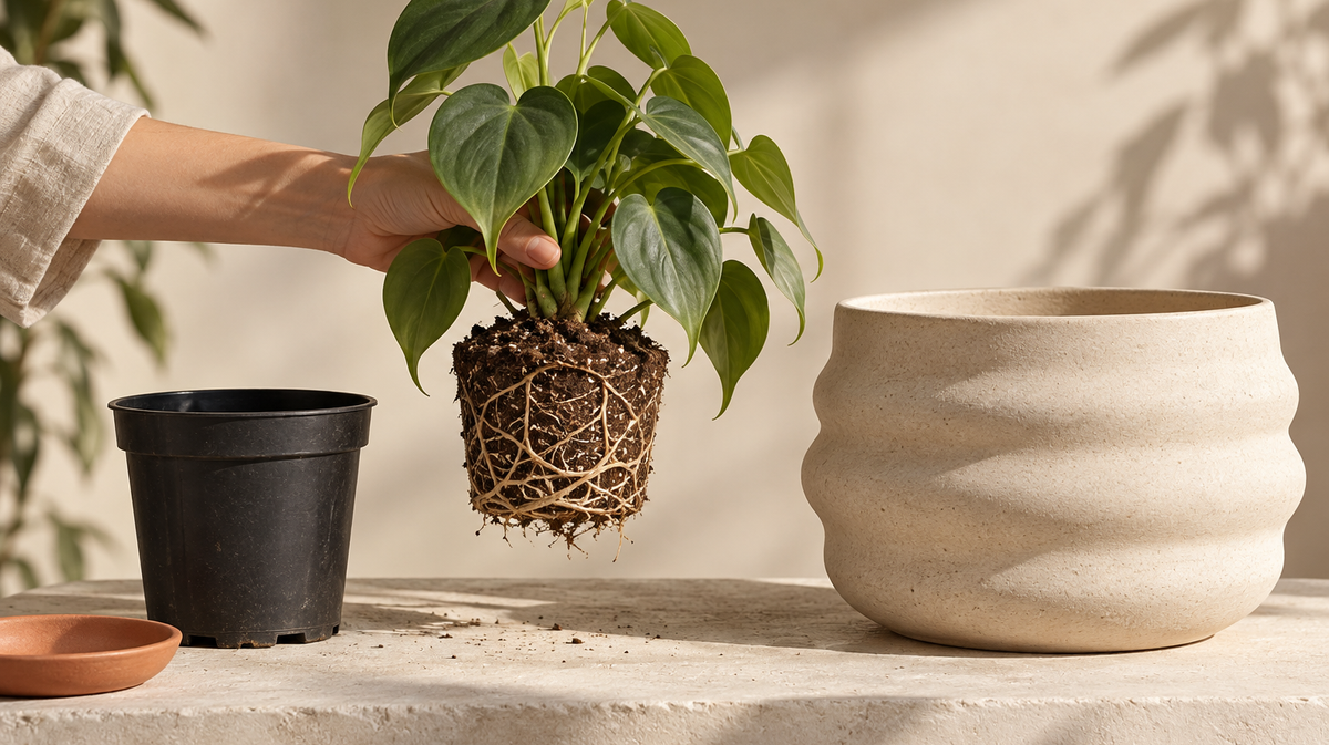 Philodendron root ball between a nursery pot and an oversized decorative pot