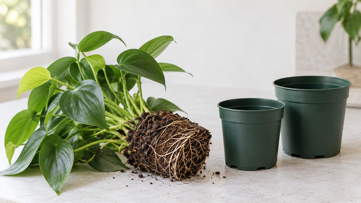 An intact plant root ball resting beside two different-sized empty nursery pots on a neutral potting bench.