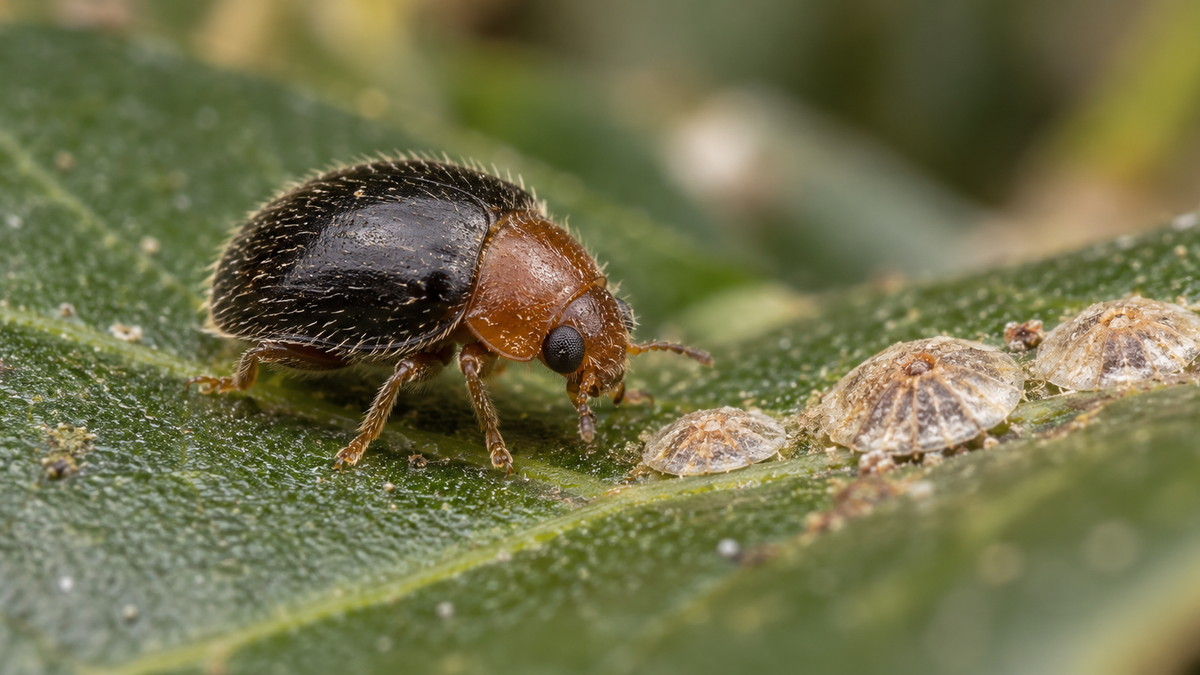Rhyzobius lophanthae beside armored scale on a leaf — illustrative macro image