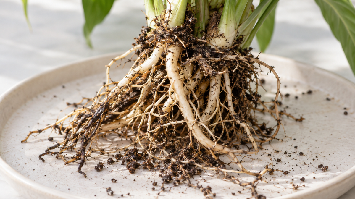 Exposed peace lily roots on a pale tray for inspection.