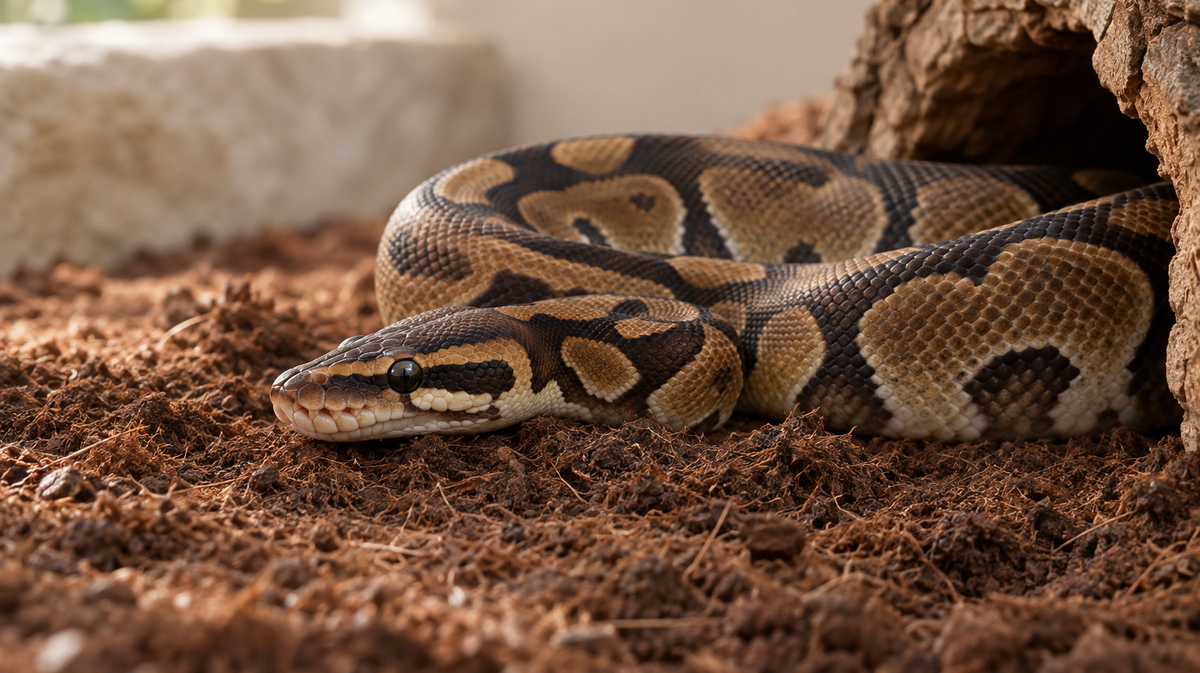 Ball python resting on textured enclosure substrate beside a cork bark hide.