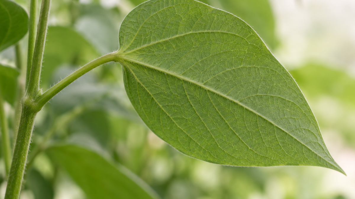 Underside of a green bean leaf with its veins and petiole in focus.