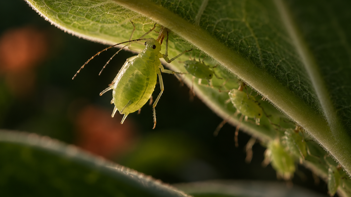 Aphids feeding beneath a leaf