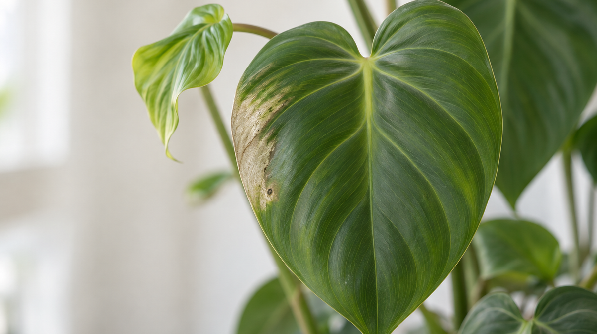 Philodendron leaf with an irregular pale scar and distorted young growth behind it.
