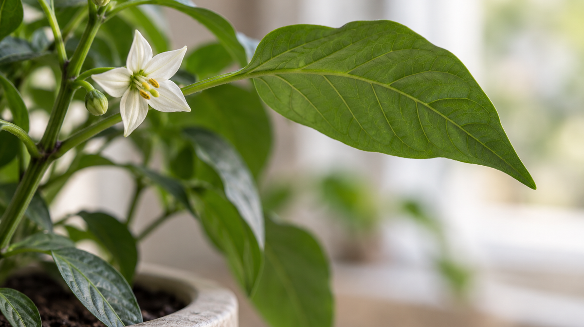 Pepper foliage and a white flower in natural light.