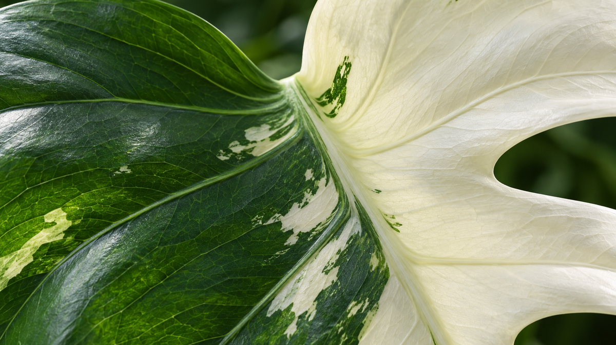 Close view of the boundary between green and white tissue on a variegated leaf