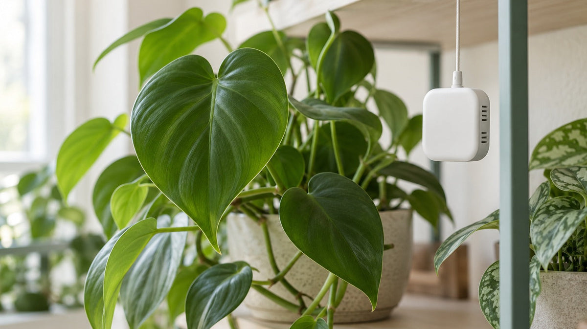 A temperature and humidity sensor among green foliage on a cream shelf, with no legible numerical reading.
