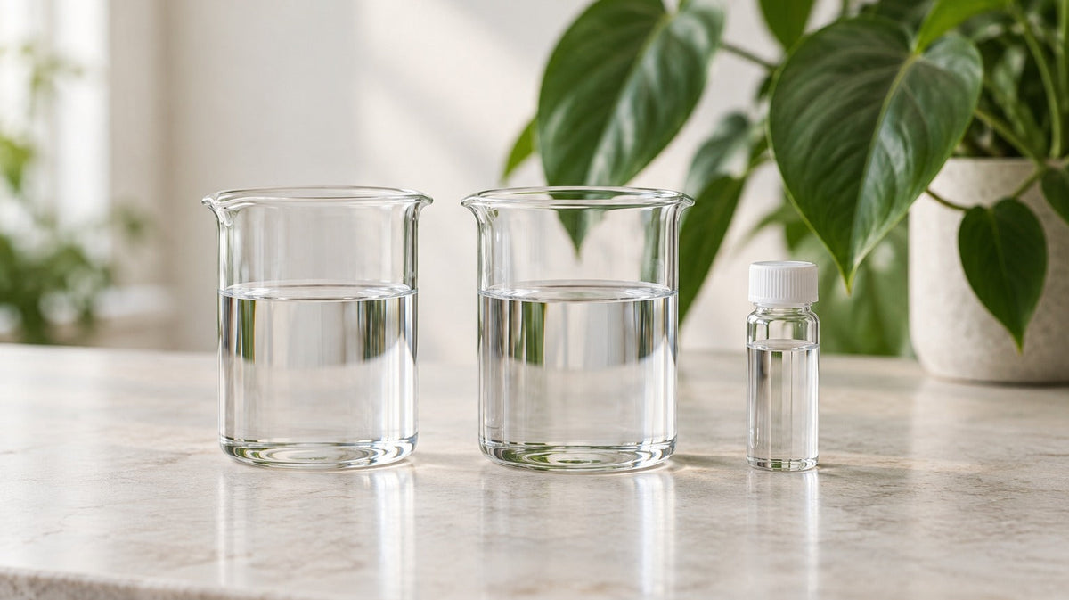 Two visually identical clear beakers of water on a cream tabletop beside green foliage, illustrating that appearance cannot reveal water chemistry.