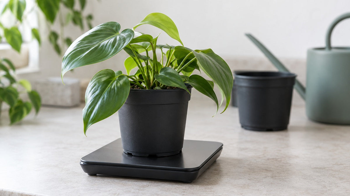 A small leafy plant in a nursery pot on a kitchen scale beside a notebook, against a quiet green and cream background.