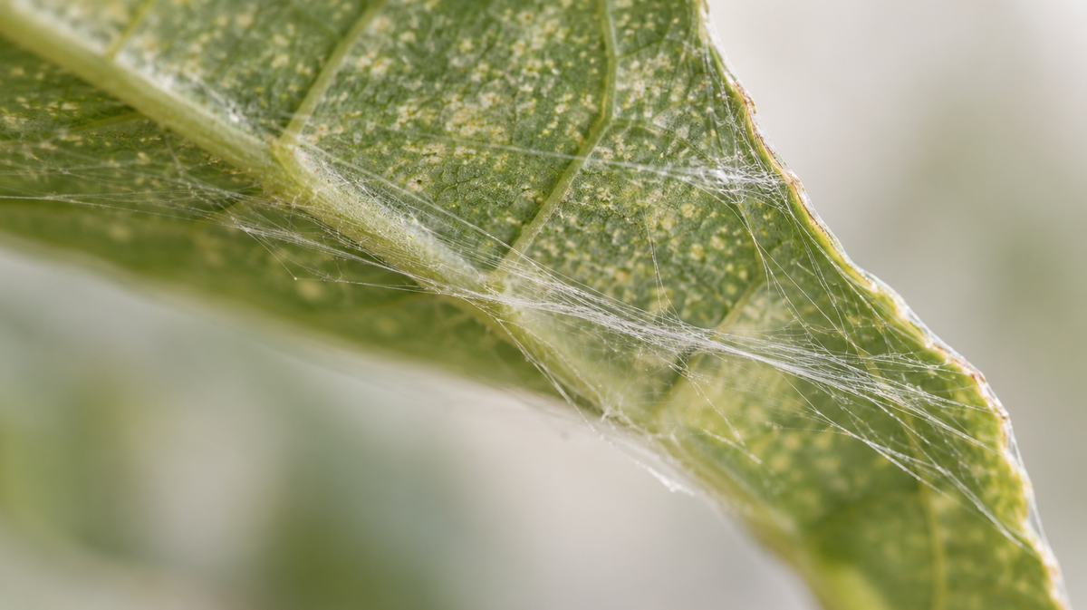 Fine spider mite webbing along the underside of a leaf.
