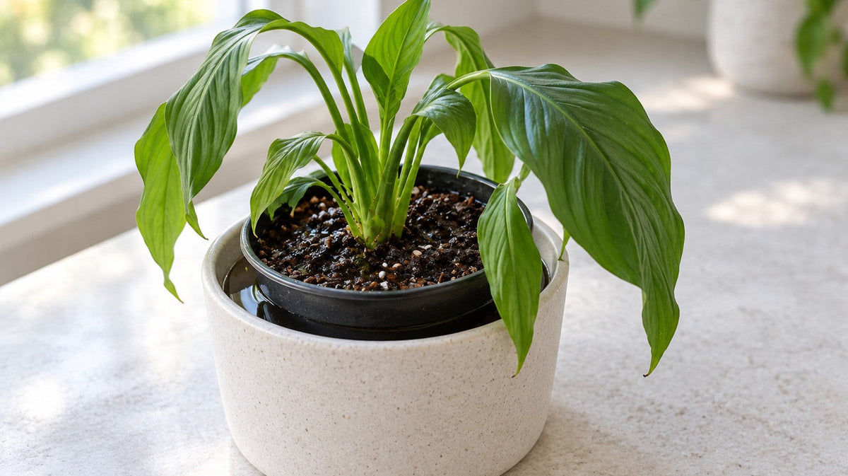 Illustrative scene of a drooping peace lily in a nursery pot nested inside a pale cover pot with standing water.