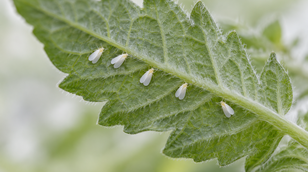 Small whitefly adults resting on the underside of a tomato leaflet.