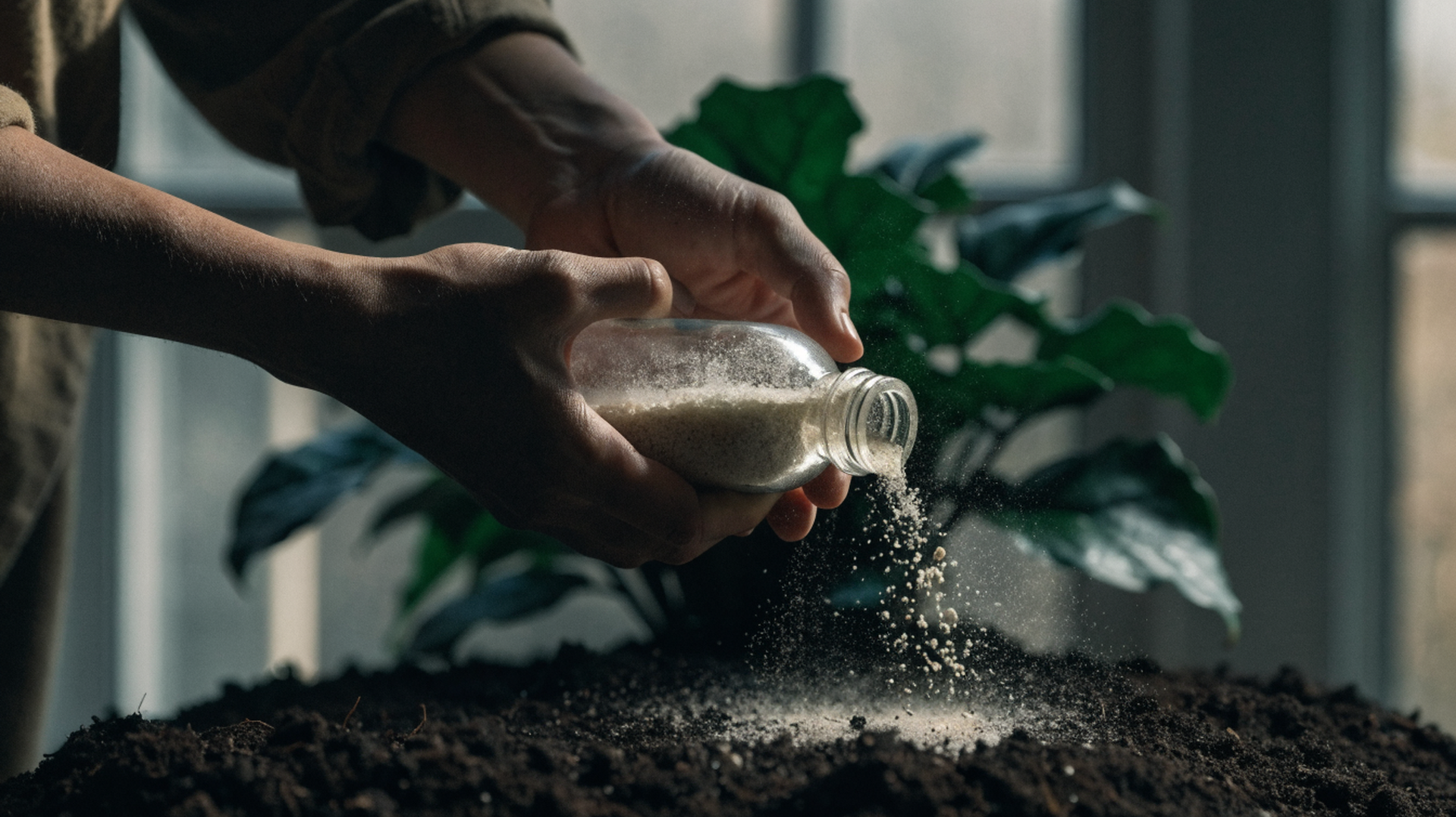 Hands tipping a bottle of pale granular carrier over the dark soil of a houseplant