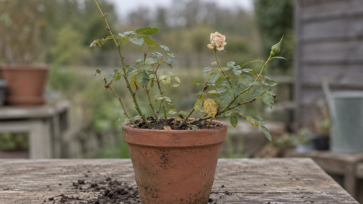 A leggy potted rose with one spent cream bloom on a weathered potting bench, with spilled soil beside the pot, in flat overcast daylight.
