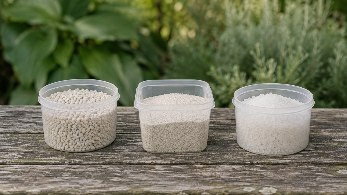 Three plain unlabelled plastic containers of different shapes on a weathered wooden bench, each holding a different pale granular carrier.
