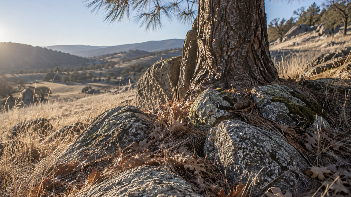 A dry California foothill slope in winter: granite outcrops, coarse grasses and leaf litter at the base of a pine, with hills receding in low sunlight.