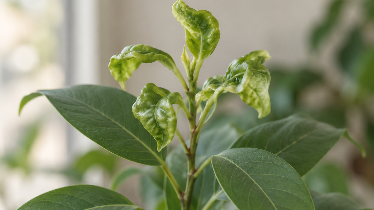 Close photograph of the growing tip of a leafy houseplant in which the newest leaves are curled and puckered while the older leaves further down the stem are flat and undistorted. No insects are visible.
