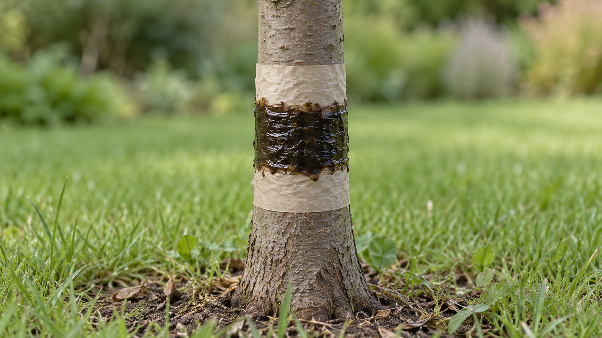 Photograph of the lower trunk of a young garden tree with a broad band of dark sticky material applied over a paler wrap at about knee height, grass and soil at the base.