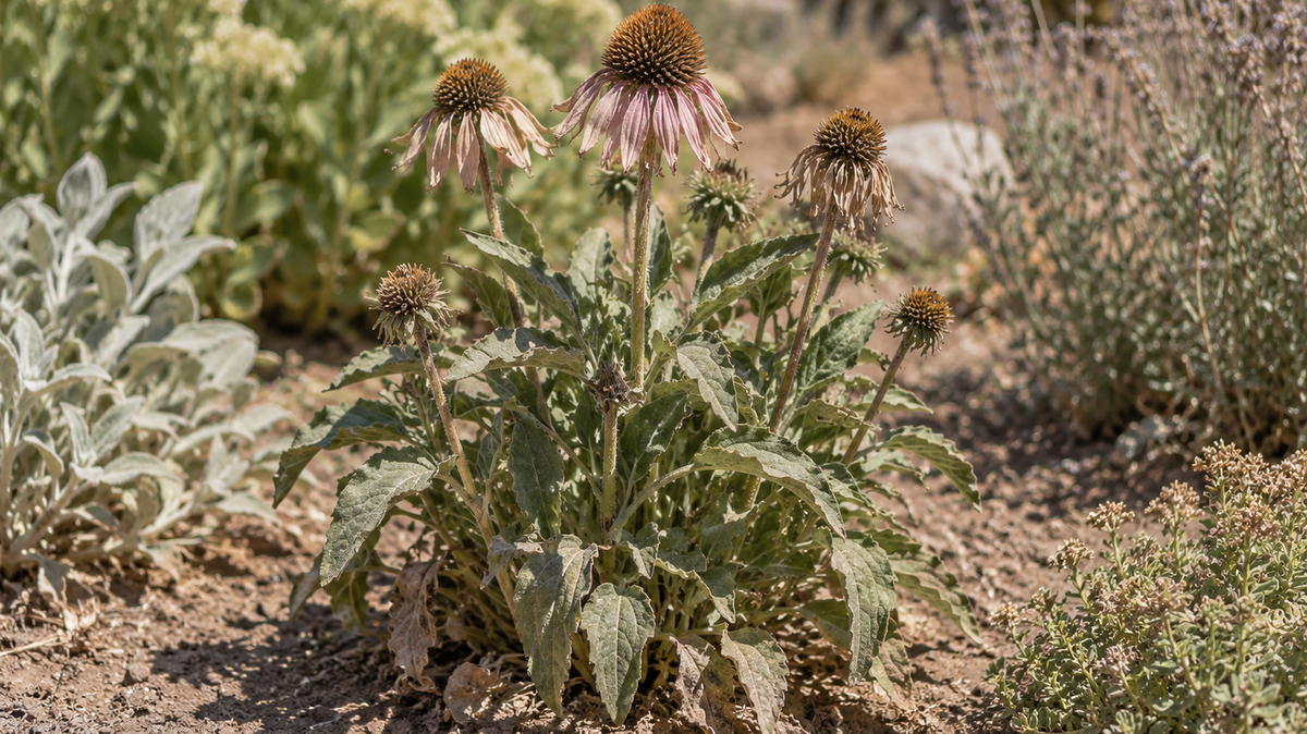 Photograph of a garden bed in high summer under hard overhead light, the foliage dusty and faded, several spent flower heads still standing, dry soil visible between the plants.