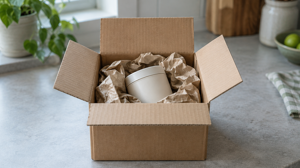 Photograph of a small opened cardboard shipping carton on a kitchen counter, crumpled paper packing inside it and a plain unlabelled container half buried in the packing. The carton carries no printing or labels.