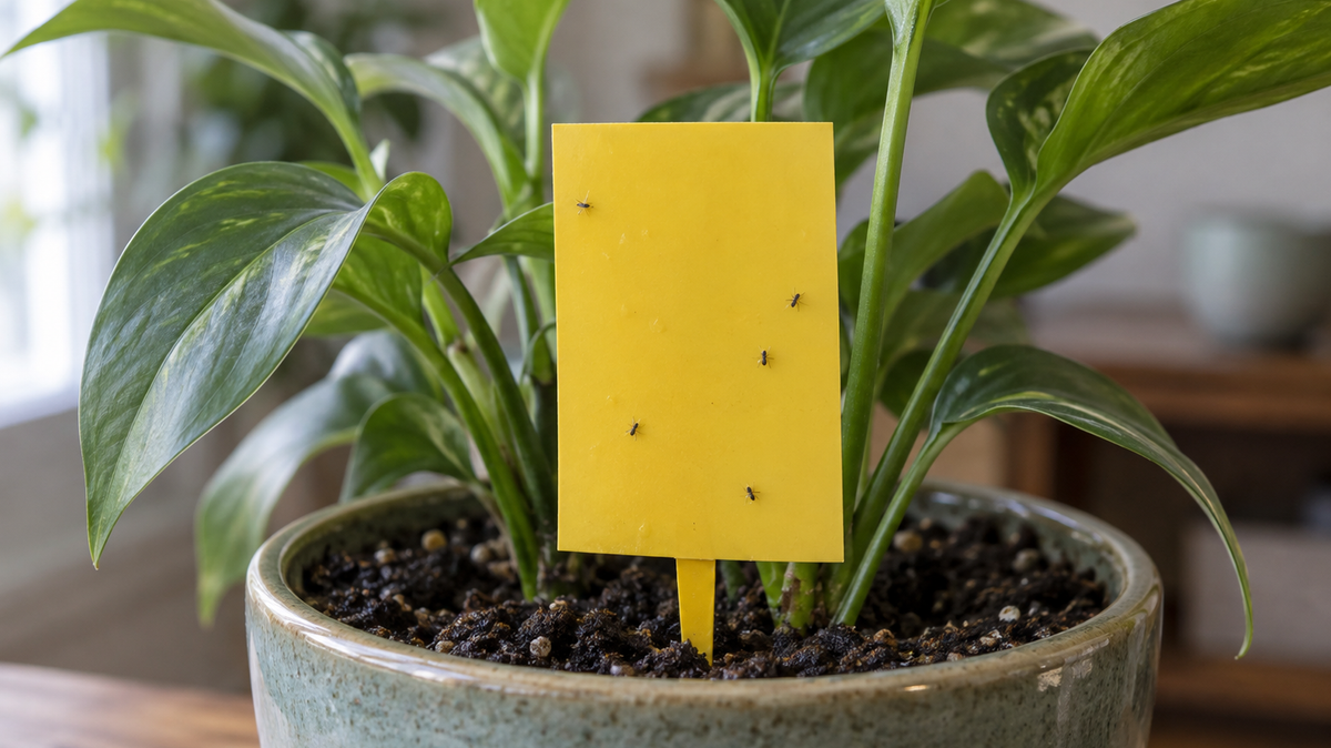A plain yellow sticky card on a short stake pushed into the soil of a healthy potted houseplant, with five small dark fungus gnats caught on it, lit by soft daylight from a window off to one side.