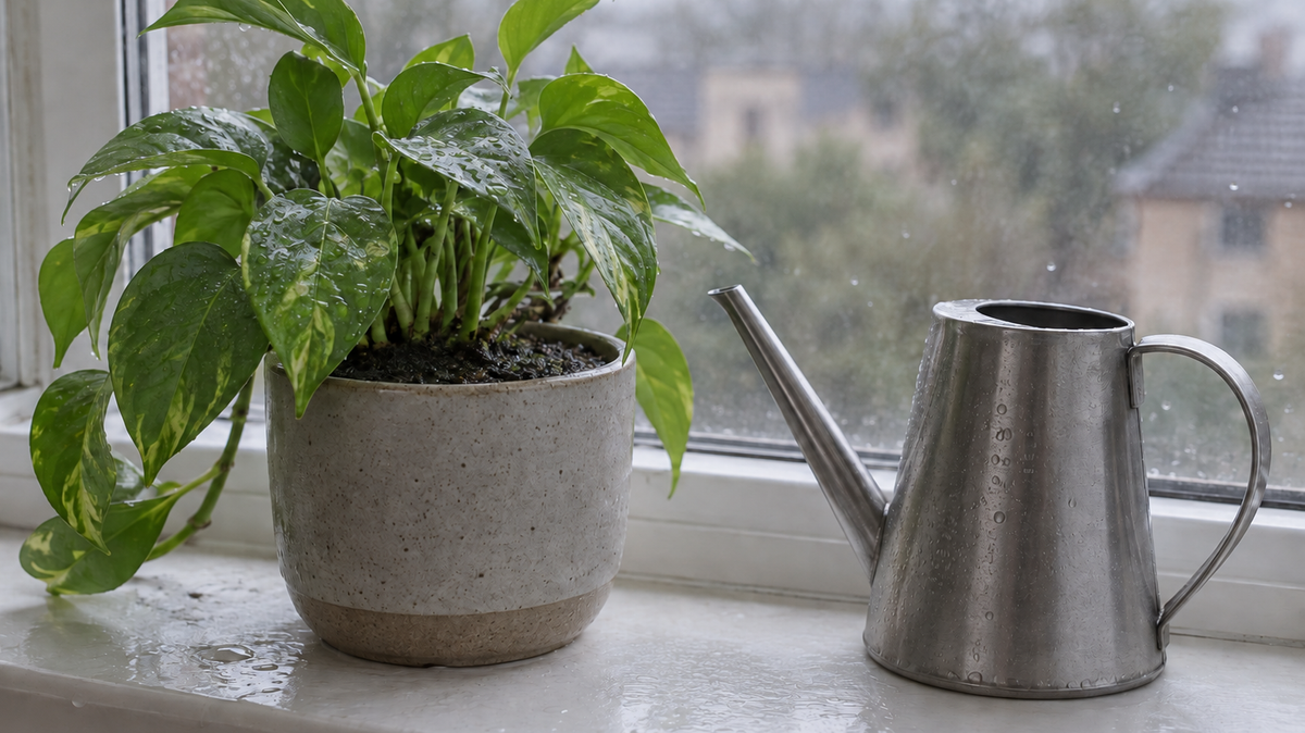 A plain metal watering can standing on a damp windowsill beside a healthy potted houseplant, with rain on the glass behind them and nothing else on the sill.