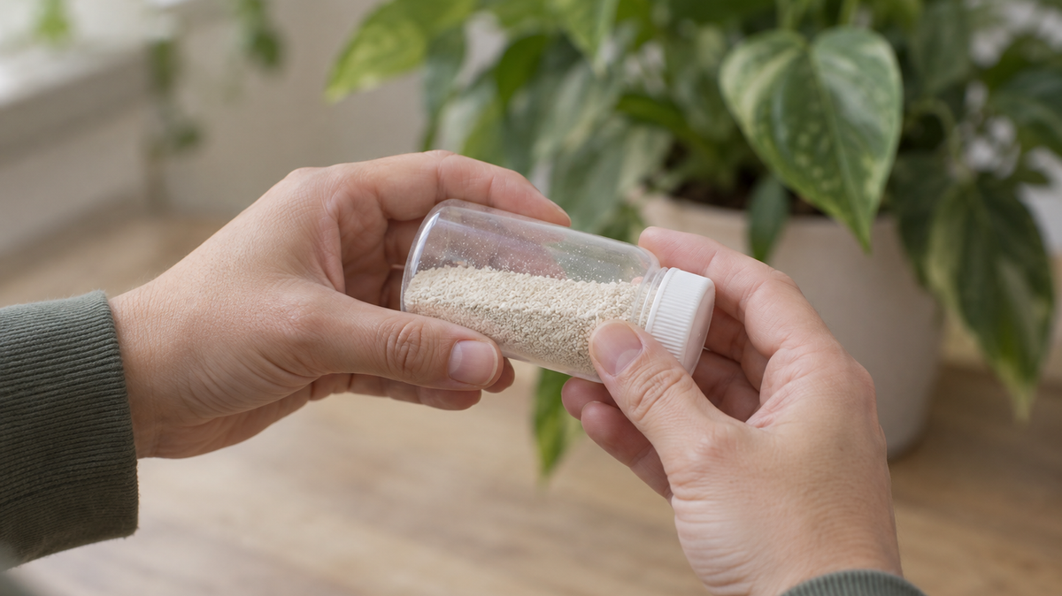 Photograph of two hands holding a small unlabelled bottle part-filled with pale dry granules, a leafy houseplant out of focus behind.