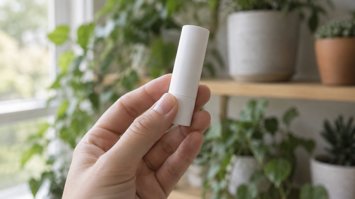 Photograph of a hand holding a small plain cylindrical tube up to window light and turning it. The tube is completely blank, with no label or printing of any kind. A shelf of potted plants sits out of focus behind.