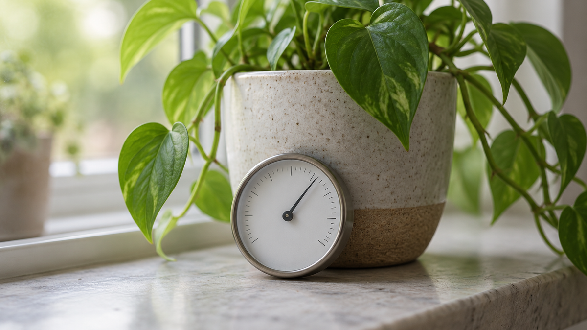 Photograph of a small round dial hygrometer resting against a potted houseplant on a windowsill, the dial face plain and unreadable.