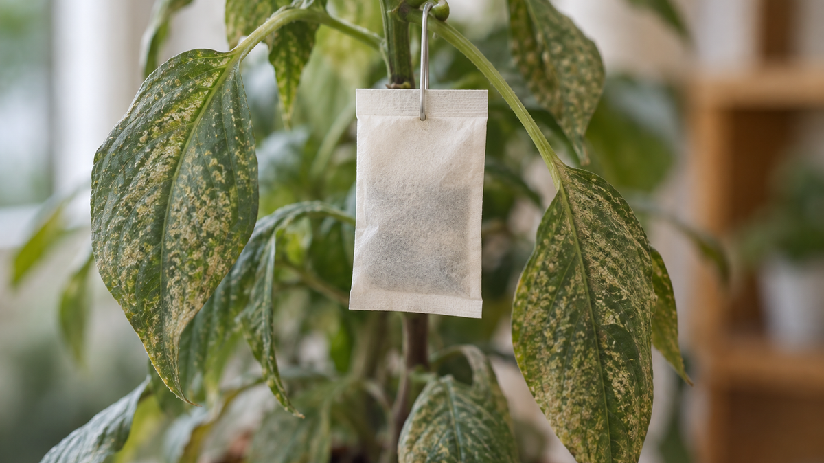 Photograph of a small plain paper sachet hanging by a hook on the stem of a houseplant whose surrounding leaves are stippled and tired.
