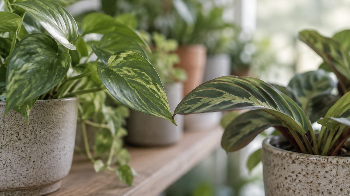 Photograph along a shelf of potted houseplants at leaf height, the pots receding into soft focus, the nearest leaves overlapping.