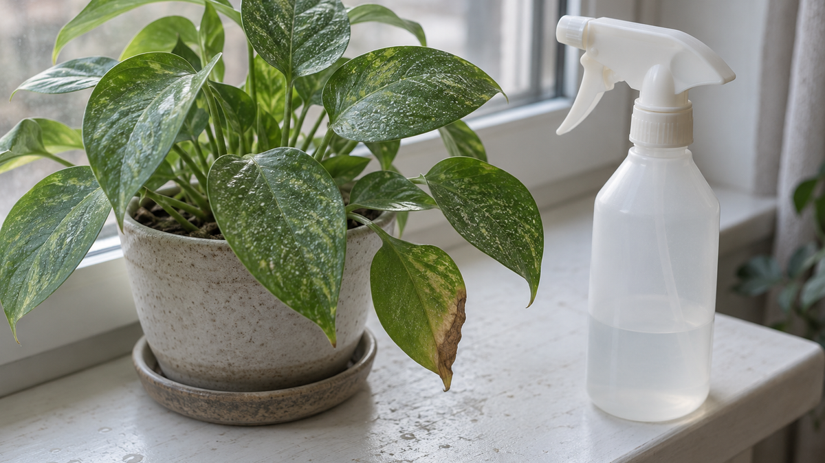 A variegated pothos in a speckled ceramic pot on a white windowsill, its leaves marked with dried spray droplets and pale mottling and one lower leaf yellowing to a brown tip. A plain unlabelled trigger spray bottle, about a third full, stands beside it.