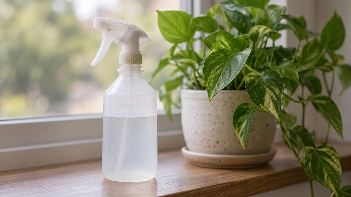 Photograph of a plain plastic trigger spray bottle on a windowsill beside a leafy potted houseplant in soft window light.