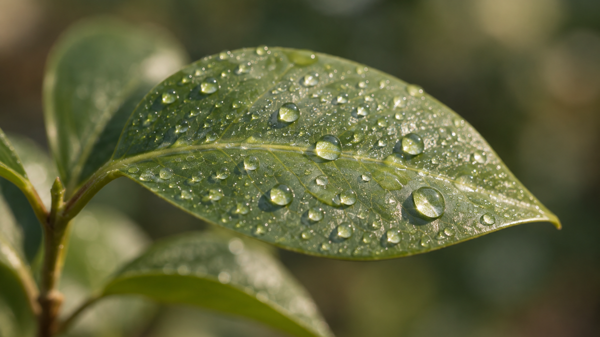Close-up photograph of fine water droplets beaded across the upper surface of a waxy green leaf, each catching a highlight, the water plainly sitting on top rather than soaking in.