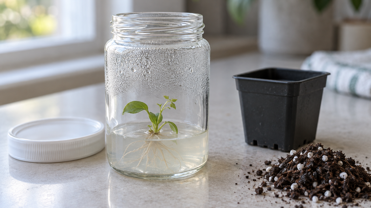 An open glass culture jar on a pale kitchen counter, its lid beside it. A small sparse plantlet sits on pale clear nutrient gel with its roots spread through it, condensation fogging the upper glass. An empty black pot and potting mix alongside.