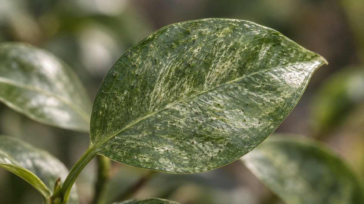 Close-up photograph of a green leaf raked with fine silvery stippling and scattered small dark specks, lit from the side so the damage shows as a change in sheen.