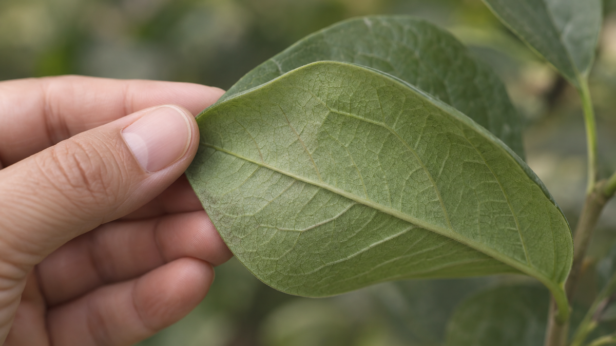 Photograph of a hand turning up the underside of a broad green leaf. The surface is plain, clean and empty, its veins sharp.
