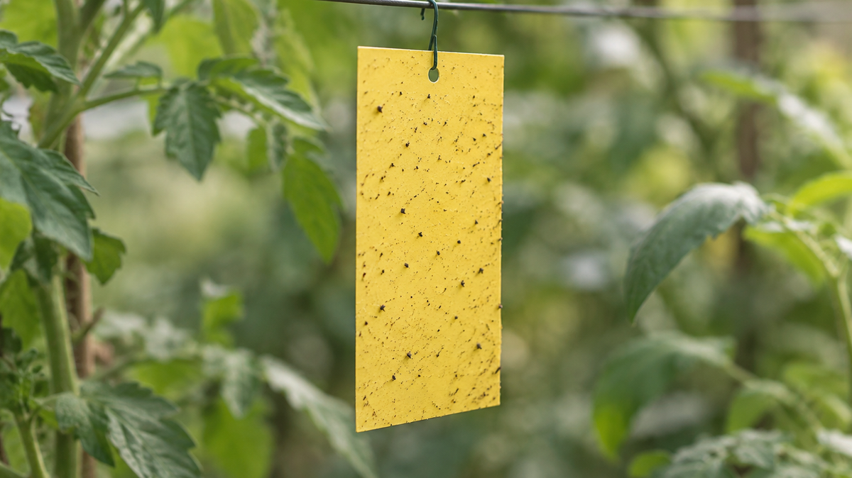 Photograph of a yellow sticky card hanging on a wire among green foliage, its surface carrying many small scattered dark specks.