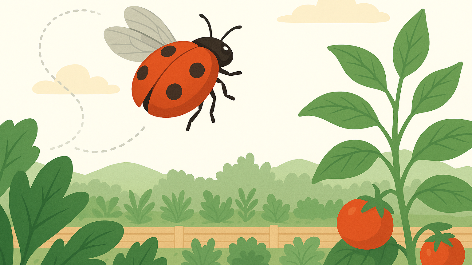 Ladybug lifting off from a garden leaf, illustrating why ladybugs fly away, in FGMN’s modern editorial art style.