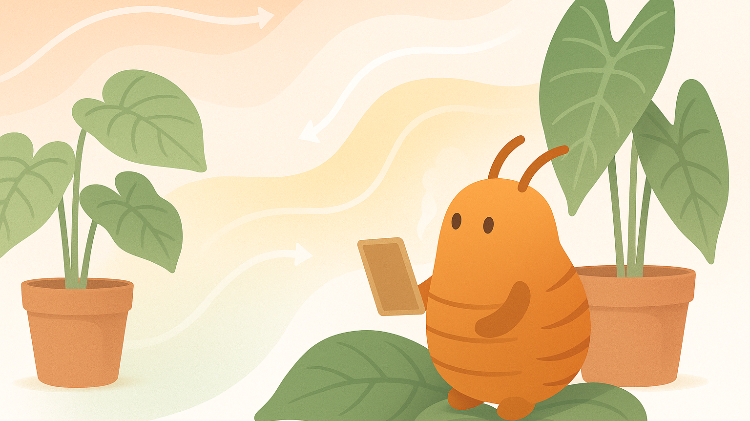 Editorial illustration of an orange predatory mite holding a clipboard while observing airflow and humidity gradients among Philodendron and Alocasia plants in terracotta pots, representing plant microclimates.