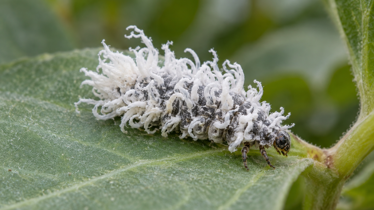 White wax-covered Cryptolaemus montrouzieri larva resting on a leaf