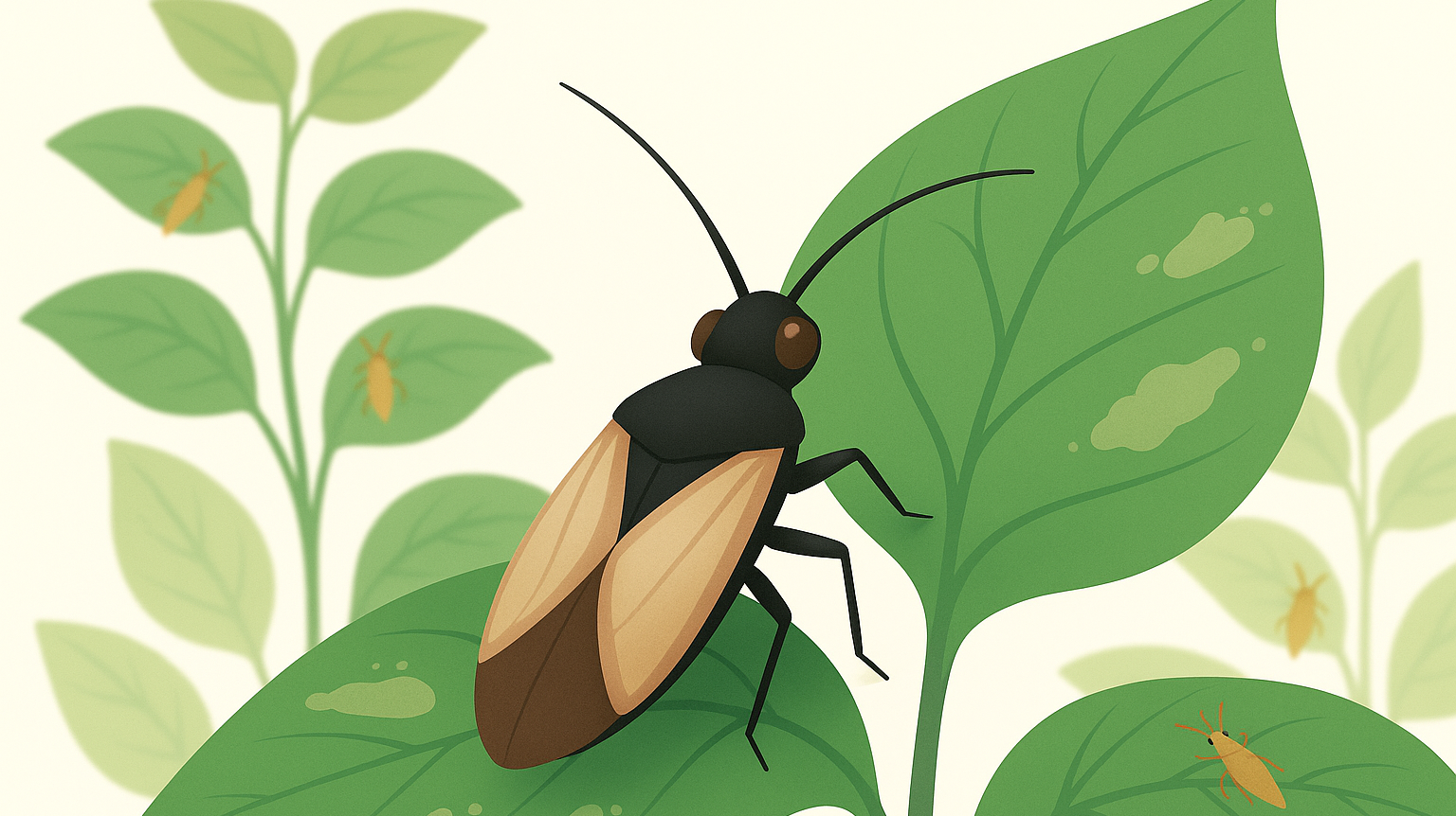 Orius insidiosus perched on a green leaf, preparing to strike a nearby thrips. The Orius is shown in detailed black and tan coloration with prominent antennae, surrounded by subtly damaged foliage. Clean white background, editorial composition.