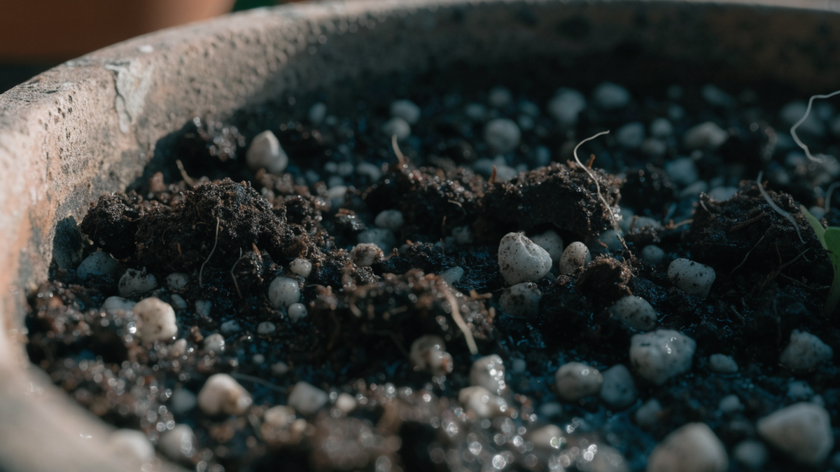 Close-up of the surface of dark peat substrate flecked with pale perlite granules