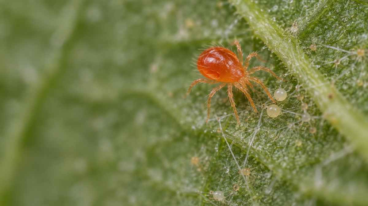 Orange Persimilis on a leaf, AI-generated macro illustration